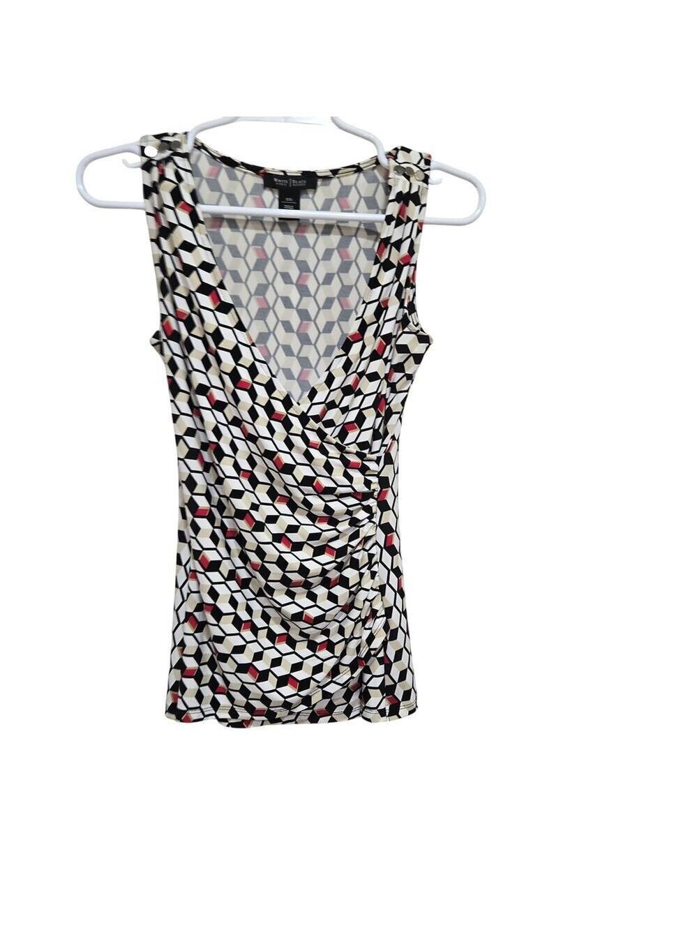WHBM Geometric Ruched Wrap Tank XXS Black Cream Red